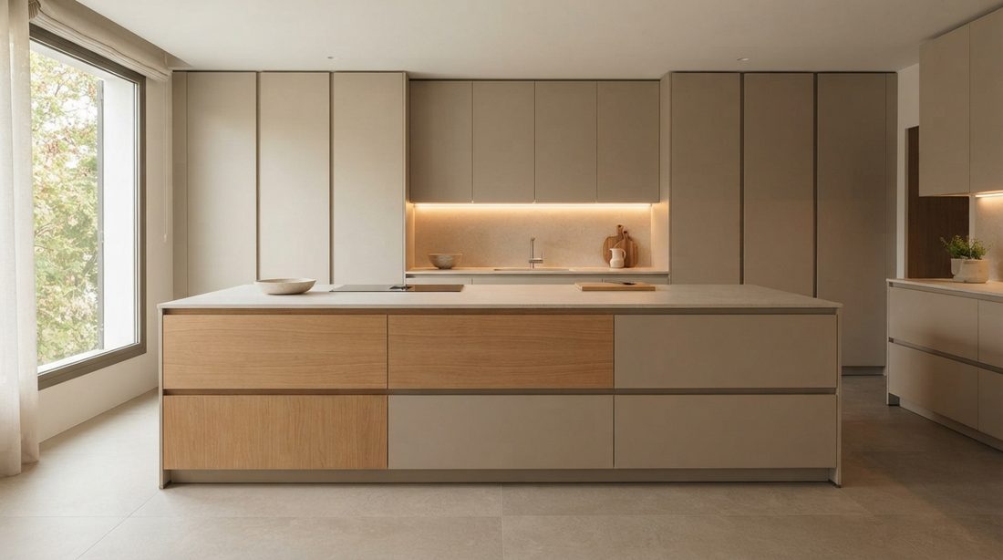 Cocina con columnas de almacenaje hasta el techo